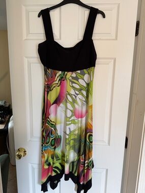 Frank Lyman Design Black Bodice Multicolor Abstract Print Asymmetrical Dress